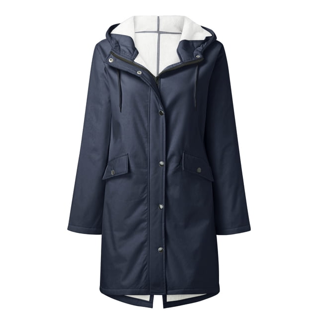 LSLJS Women Solid Rain Jacket Outdoor Fleece Keep Warm Plus Hooded Raincoat Windproof Jackets Solid Outwear( Dark Blue, L)