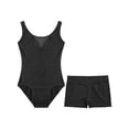 thumbnail image 3 of Moggemol Kids Girls Sheer Mesh Patchwork V-Back Dance Unitards Solid Color Sleeveless Bodysuit with Botty Shorts Set Black 6, 3 of 7