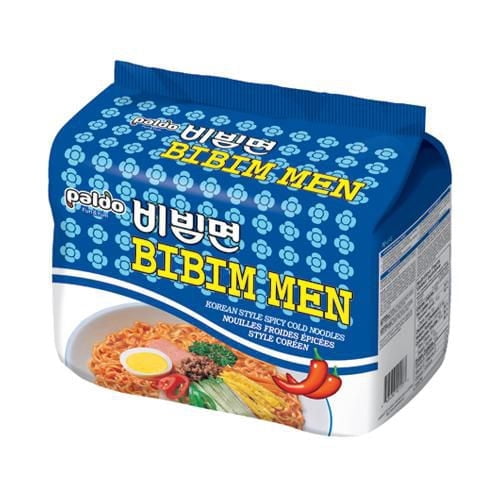 Paldo Spicy Bibimmen Cold noodles (130gx4) pack with blue packaging featuring light blue flowers and an image of Korean style brothless ramen noodles served cold with sweet and spicy sauce, garnished with boiled egg, vegetables, and chili peppers.