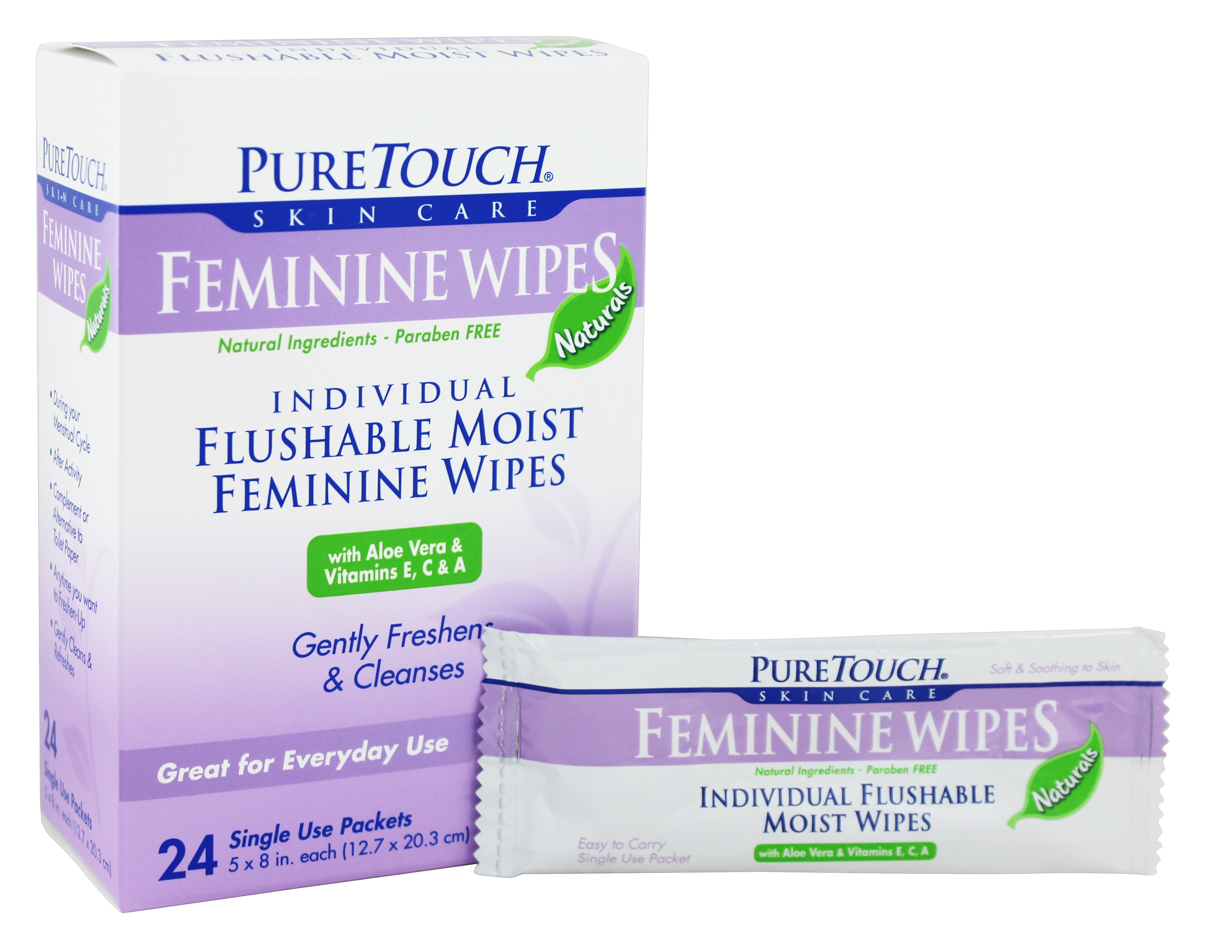 Pure Touch Skin Care - Individual Flushable Moist Feminine Wipes - 24 Packet(s)