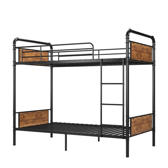 Twin Over Twin Metal Bunk Bed Convertible to 2 Singles, Heavy Duty Guardrails and Detachable Ladder, Noise Free Space Saving No Box Spring Needed, Matte Black/Bronze