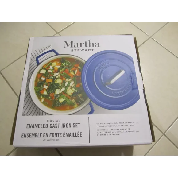 Martha Stewart Collectionneurs Fonte Émaillée 6 Qt Casserole Ronde + Dessous-de-Plat + Recette