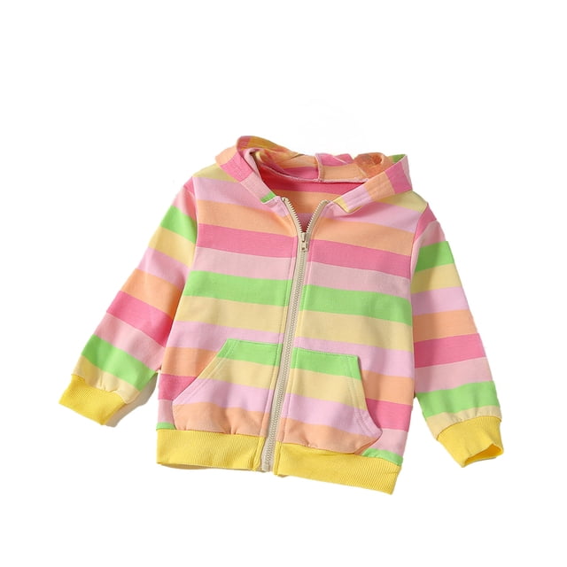 FAOWME Veste à Capuche Rayée Arc-en-Ciel avec Poche Zippée Mignonne pour Filles Automne Vert 6-7 Ans