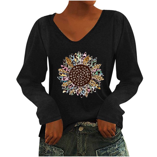 Pompotops T-Shirt à Manches Longues à Col en V Imprimé Décontracté pour Femmes, Chandail, Hauts, Liquidation