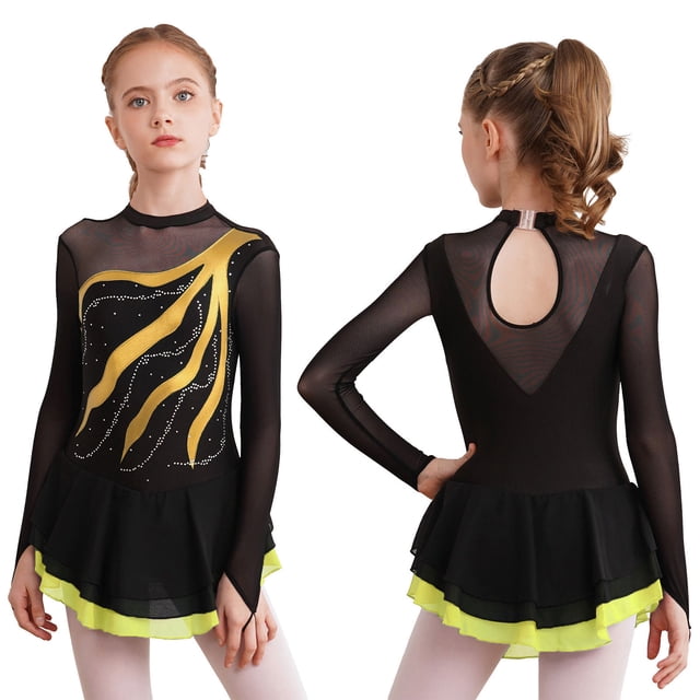 TiaoBug Girls Stylish Mesh Splice Rhinestone Figure Ice Skating Dress Long Sleeves Ballet Dance Tutu Dress Yellow 14