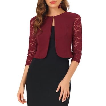 INSPIRE CHIC Boléro en Dentelle Florale pour Femme de la Saint-Valentin, Manches 3/4, Ouvert à l'Avant, Cardigan de Travail/bureau, Boléro Formel, TP, Bourgogne