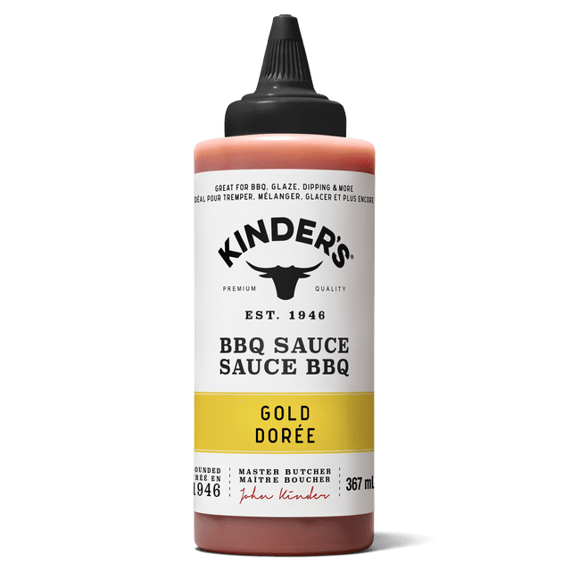 Kinder's Gold BBQ Sauce 367ml bottle with black twist cap and white label featuring a yellow band, sweet, tangy, and smoky, ideal for grilling, glazing, dipping, and basting meats and dishes.