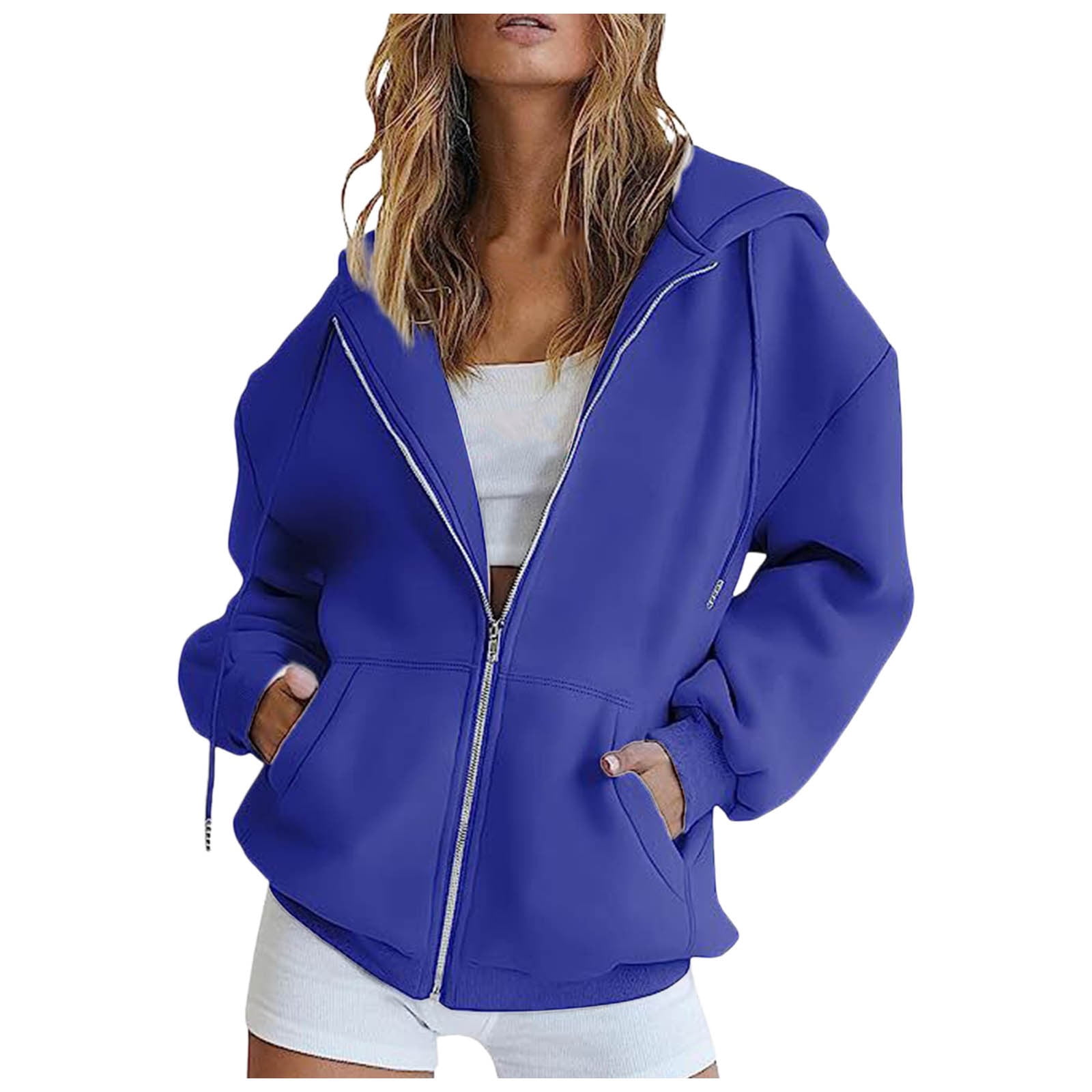 WEIYLL Ladies Summer Tops Solid Long Sleeve Zipper Hooded Coat Pocket Sweatshirt Blue Blouse Sizes XXL