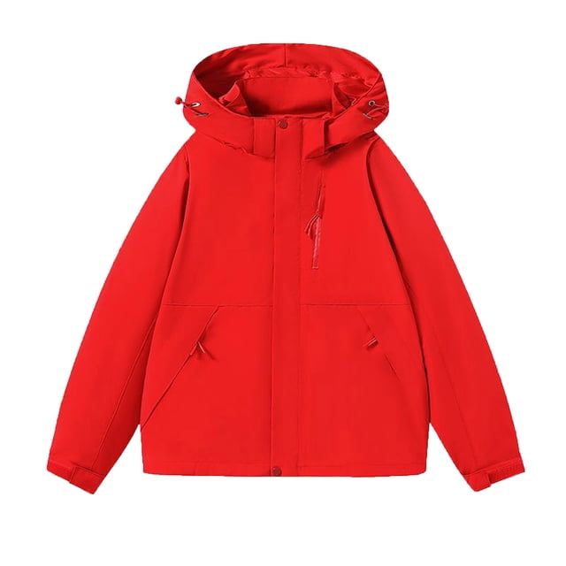 WRKEKC Men's Heavy-Duty Waterproof Workwear Raincoat Hooded Jacket with Multiple Utility Pockets for All-Weather Outdoor Construction and High-Visibility Work Commute Red L