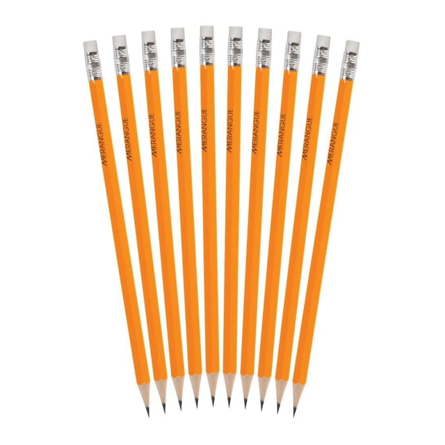 Merangue Wood Pencils with Eraser, HB #2, 10/Pack, 8 Pack showing ten sharpened orange wooden pencils with silver ferrules and white erasers, each branded with Merangue text, arranged in a slight arc on a white background. These pencils feature smooth HB #2 lead for precise writing and built-in erasers for easy corrections, suitable for school, work, home, and often used for sketching or drafting.