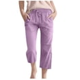 thumbnail image 1 of Plebaso Boys Girls Capris Pants Cotton Linen Drawstring Casual Pants Lightweight Cropped Pants with Pockets, 1 of 5