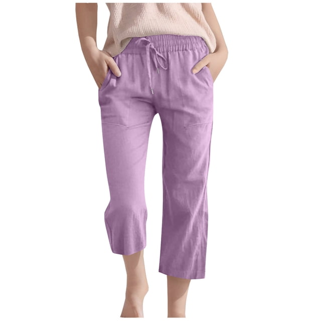 Plebaso Boys Girls Capris Pants Cotton Linen Drawstring Casual Pants Lightweight Cropped Pants with Pockets