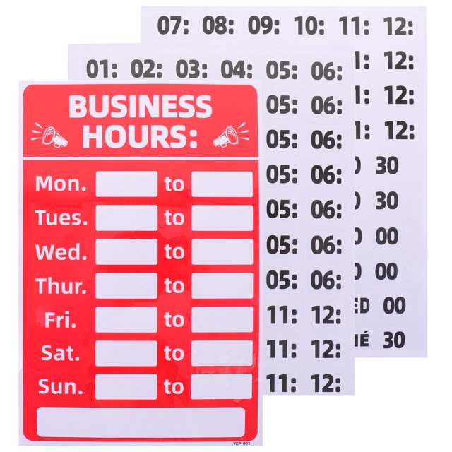 2 Pcs Enseigne d'Affaires Autocollante Fermée Ouverte Enseigne Ouverte Fermée pour Magasin, restaurant Ou bar. l'Ensemble Comprend une Enseigne en PVC Rouge avec « Heures d'Affaires » Imprimées en Haut, avec des Fentes de Temps Personnalisables pour Chaque Jour de la Semaine, et des Autocollants Adhésifs Noirs et Blancs Supplémentaires avec des Chiffres pour la Personnalisation de l'Heure. les Enseignes Sont Imperméables, Résistantes au Soleil, Résistantes à l'Huile et Résistantes à la Décoloration, Conçues pour la Durabilité et une application Facile sur des surfaces Lisses. Convient à Divers Établissements