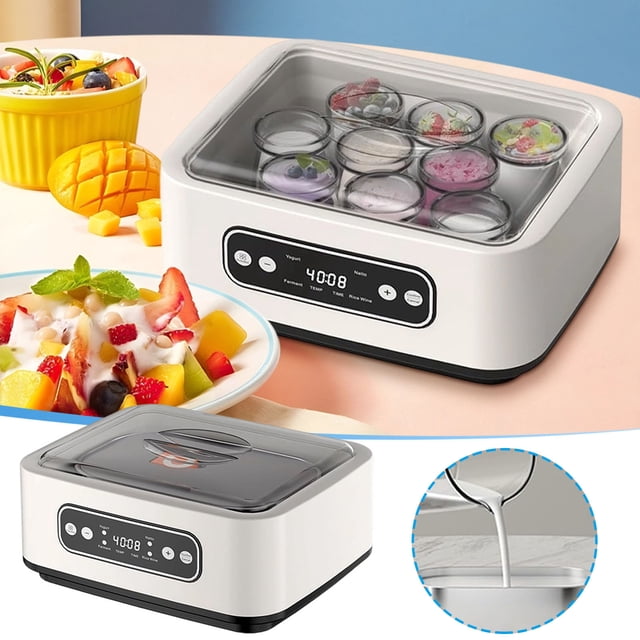 Avdolw 1.6L Yogurt Maker Machine with a stainless steel interior and LCD display, shown in a sleek white design. The machine features temperature and time control, with a clear lid revealing multiple glass containers filled with yogurt. A close-up highlights milk being poured into the container, and a serving of fresh fruit-topped yogurt is displayed nearby. Ideal for making Greek yogurt, kefir, and probiotic drinks, this energy-efficient appliance fits seamlessly on countertops.