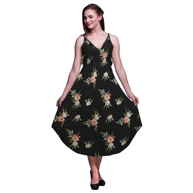 Bimba Robe de Plage Bohème Midi Sans Manches Imprimée Florale pour Femmes-Moyenne