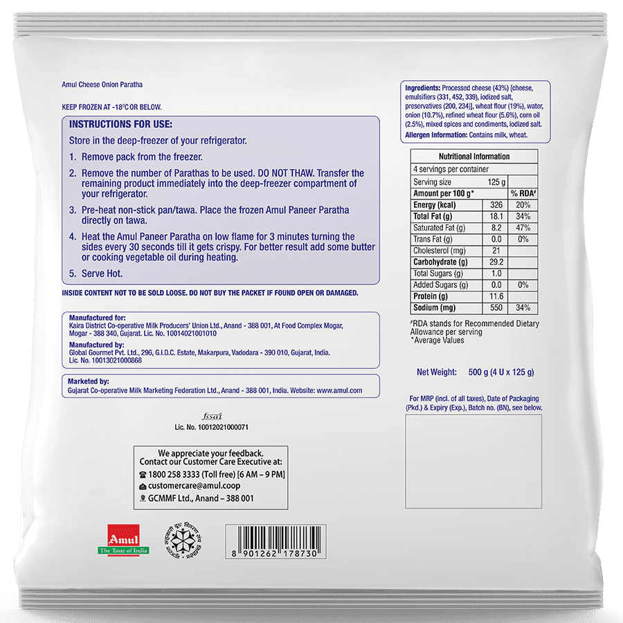 Amul Cheese Onion Paratha 500g Délicieux pain plat indien farci de fromage Amul et d'oignons ajoutés