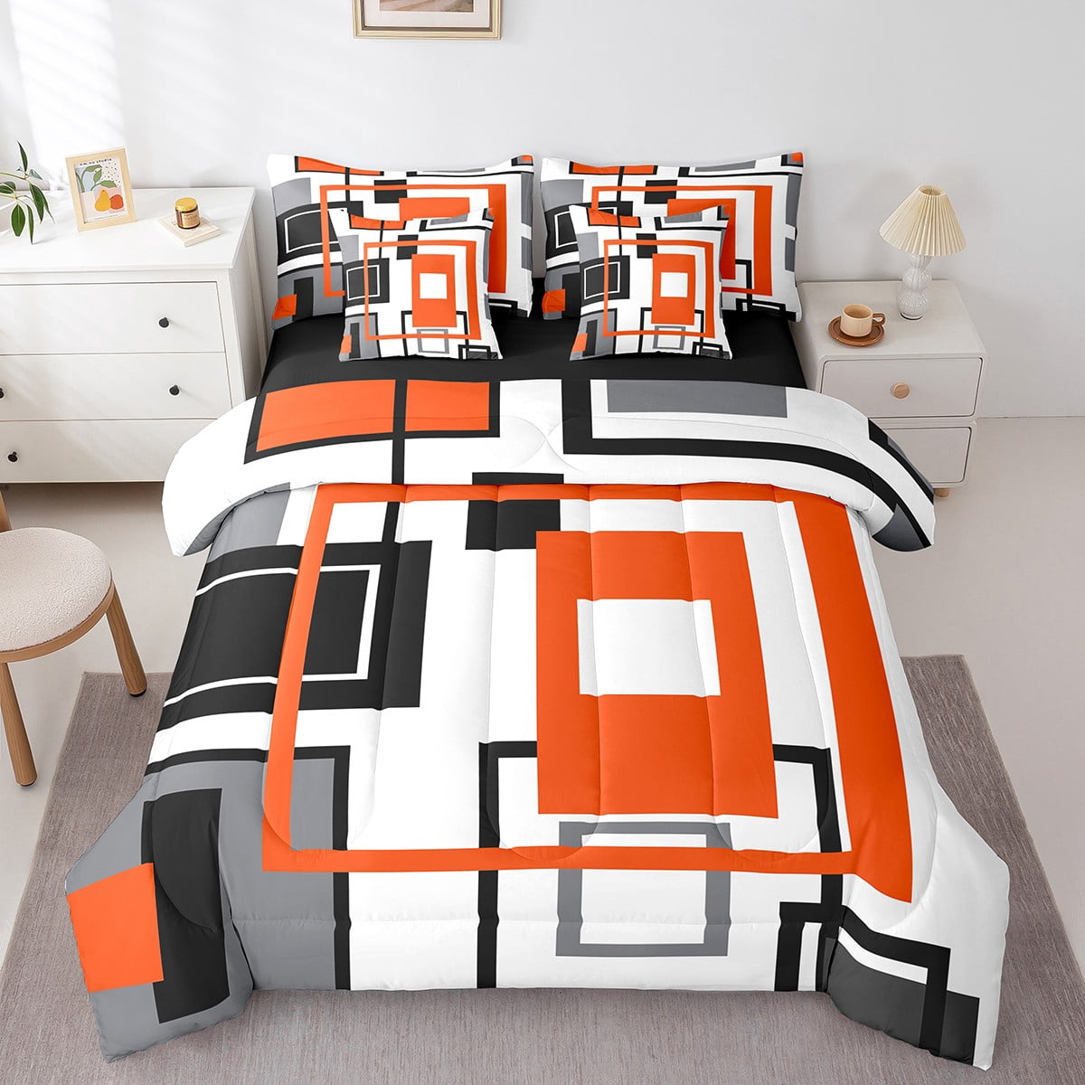 YST Black White Grey Orange 7 Piece Bed In A Bag Twin Geometric Square Grid Comforter Set With Sheets For Kids Adults Geometry Striped Bedding Set Modern Abstract Lines Grids Bed Set