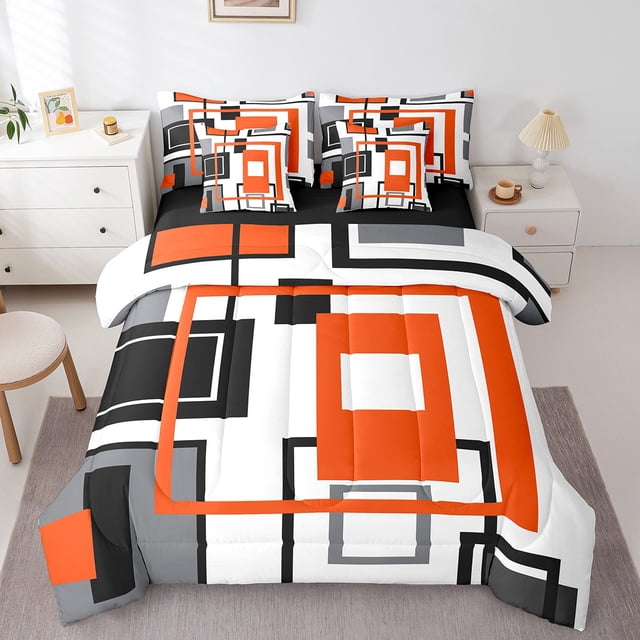 YST Black White Grey Orange 7 Piece Bed In A Bag Queen Geometric Square Grid Comforter Set With Sheets For Kids Adults Geometry Striped Bedding Set Modern Abstract Lines Grids Bed Set