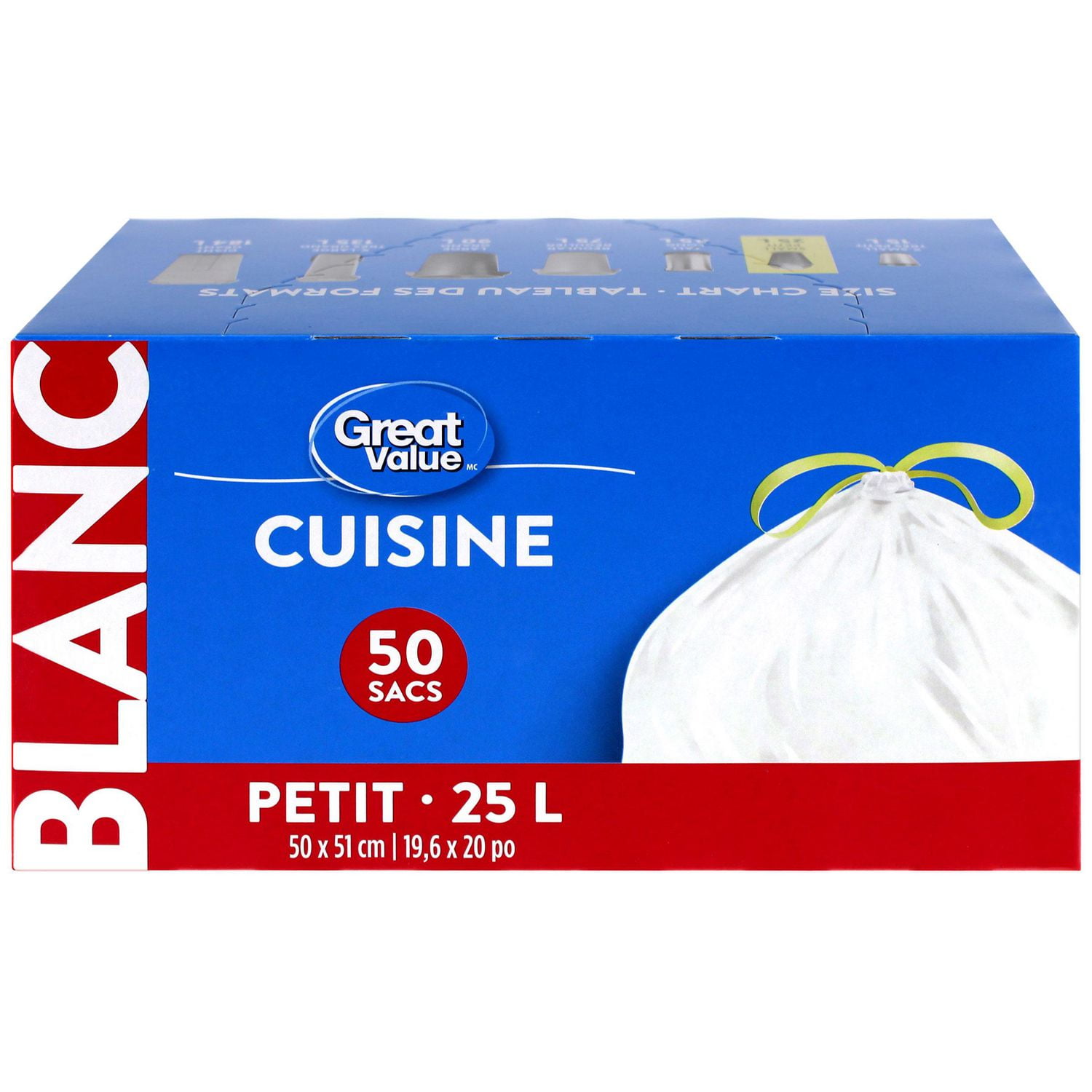 Great Value Petits Sacs à Ordures de Cuisine, 25L, 50sacs