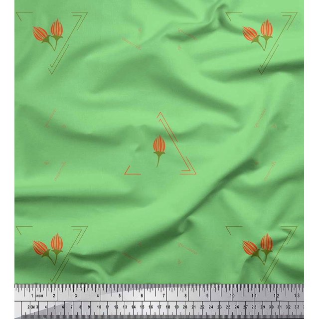 Soimoi Green Velvet Fabric Flower Buds & Triangle Geometric Decor Fabric Printed Yard 58 Inch Wide