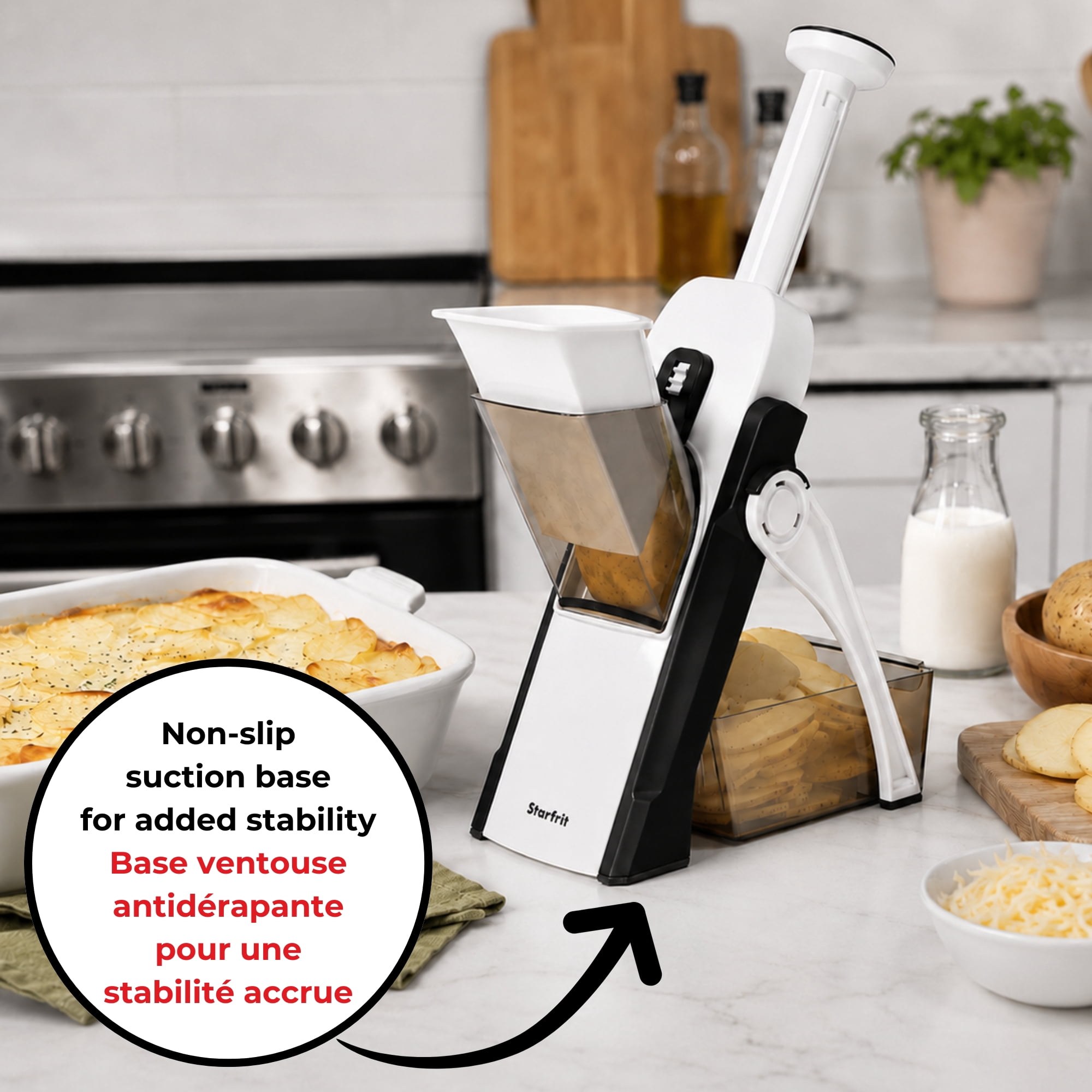 Starfrit Pump'N'Slice Vertical Mandoline, Safe Adjustable Vegetable & Fruit Slicer