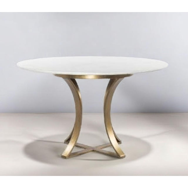 WHITE GAGE DINING TABLE - 47-inch featuring a round white tabletop and a curved gold metal base. This modern dining table blends elegance and functionality, offering a spacious surface and easy maintenance. Ideal for upscale kitchens, dining rooms, or executive suites.