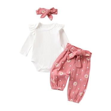 Diconna Baby Girls Fall Outfit, Long Sleeve Romper with Flower Print Belted Pants and Headband Clothing Set