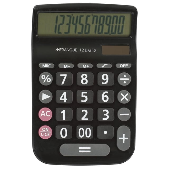 12 Digit Desktop Calculator, Black, 2 Pack featuring a front-facing black Merangue basic calculator with a 12-digit LCD display, solar panel for dual power, white numeric and function keys including percentage, memory, arithmetic operations, and pink AC and ON/C-CE buttons, suitable for office and school use.