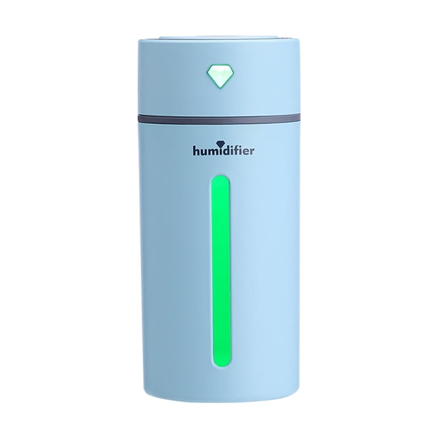 Warm and Cool Mist Humidifier Portable Desk Humidifier with a light blue ABS+PP cylindrical design, featuring a green illuminated water level indicator and diamond-shaped LED light. Ideal for home, bedroom, office, and plants. USB-powered ultrasonic humidifier with a 250ml water tank capacity, dual mist spray modes, and colorful night light functionality for enhanced air quality and ambiance.