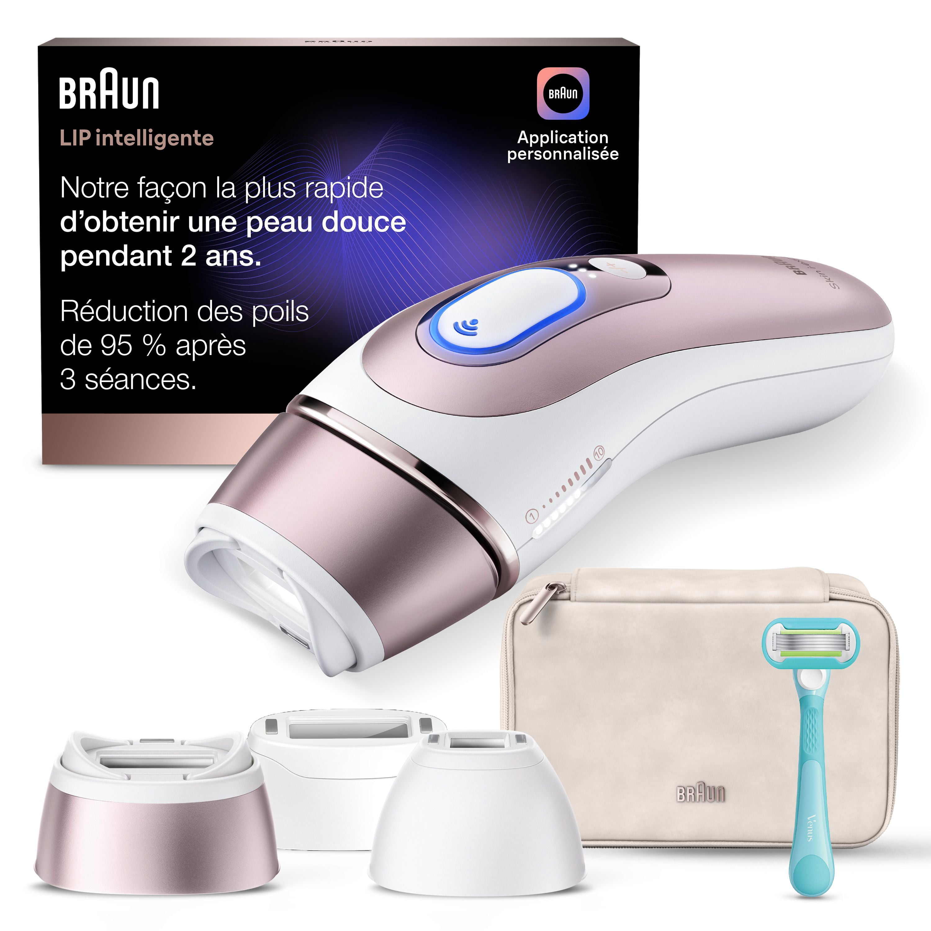 Système d’épilation à domicile Braun Peau i-expert, technologie LIP intelligente, PL7243, pour femmes et hommes, avec application, avec étui haut de gamme, 3 têtes, rasoir Venus