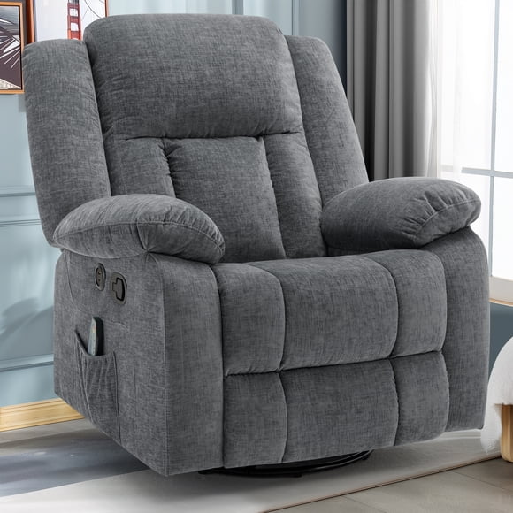 Korser Massage Swivel Rocker Recliner Chair with USB Ports Chenille for Living Room,Grey