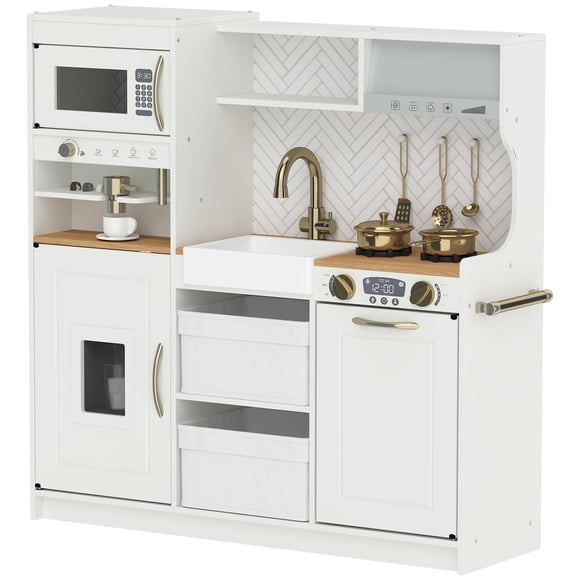 Qaba Play Kitchen for Kids with Coffee Machine, Ice Maker, 3+ Years, White