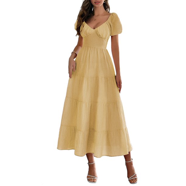 ladies midi dresses size 16 Summer Dress Yellow For Women Women'S Summer Casual Dress Puffy Short Sleeve V-Neck Smocked Tiered Ruffle Dresses Yellow L bridal wedding gown with slit