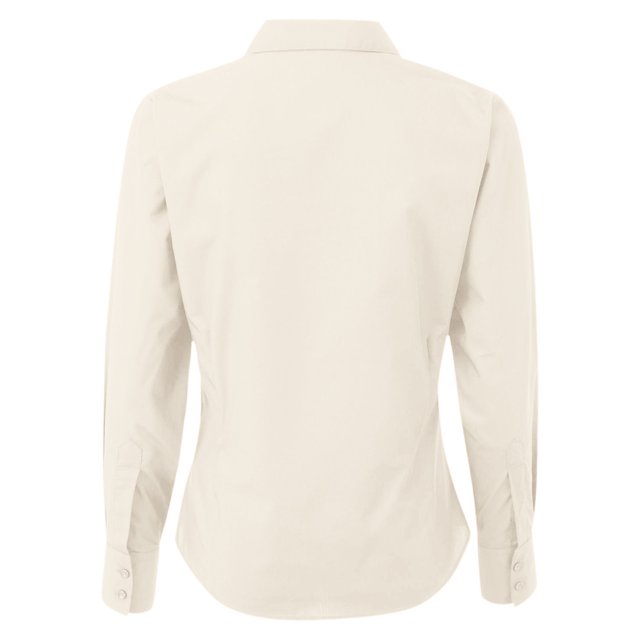 Premier Womens Poplin Long-Sleeved Blouse in a plain design, made from 65% polyester and 35% cotton. Features a collared neckline, button-down fastening, double-button cuffs, and a rounded hem. The back view highlights two darts for a tailored fit. Certified sustainable with Amfori, BCI, REACH, Sedex, and WRAP approvals.