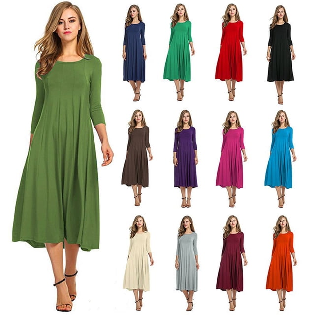 U.Vomade Nouvelle Robe Midi Plissée Décontractée pour Femme à Manches Longues, Couleur Unie Simple, Élégante, Col Rond, Robe pour Femme, Robe Grande Taille