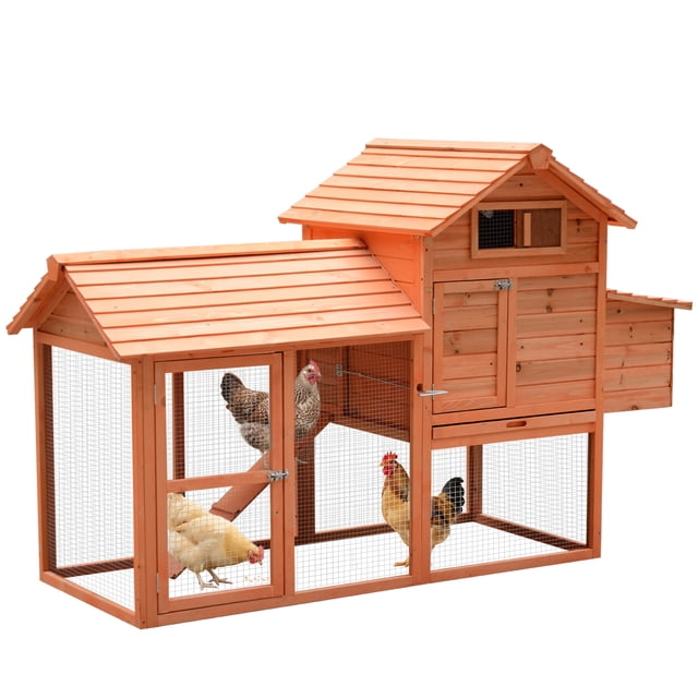 PawHut 82-inch Deluxe Backyard Wood Chicken Coop Poultry Habitats Rabbit Hutch House with Run and Nesting Box three-quarter view of an 82" (209 cm) treated fir-wood coop with elevated living quarters, large side two-section nesting box with hinged lid, galvanized metal wire backyard run, hinged cleaning door, sliding access door with ramp and removable droppings tray; weather-resistant finish; often used as a rabbit hutch or small-animal shelter for temporary housing.