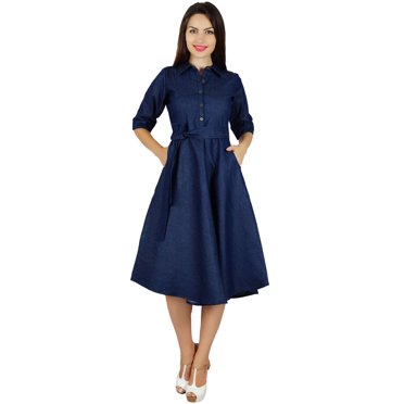 Bimba Robe-Chemise en Denim Bleu pour Femmes avec Poches Manches 3/4 Robes Midi Décontractées