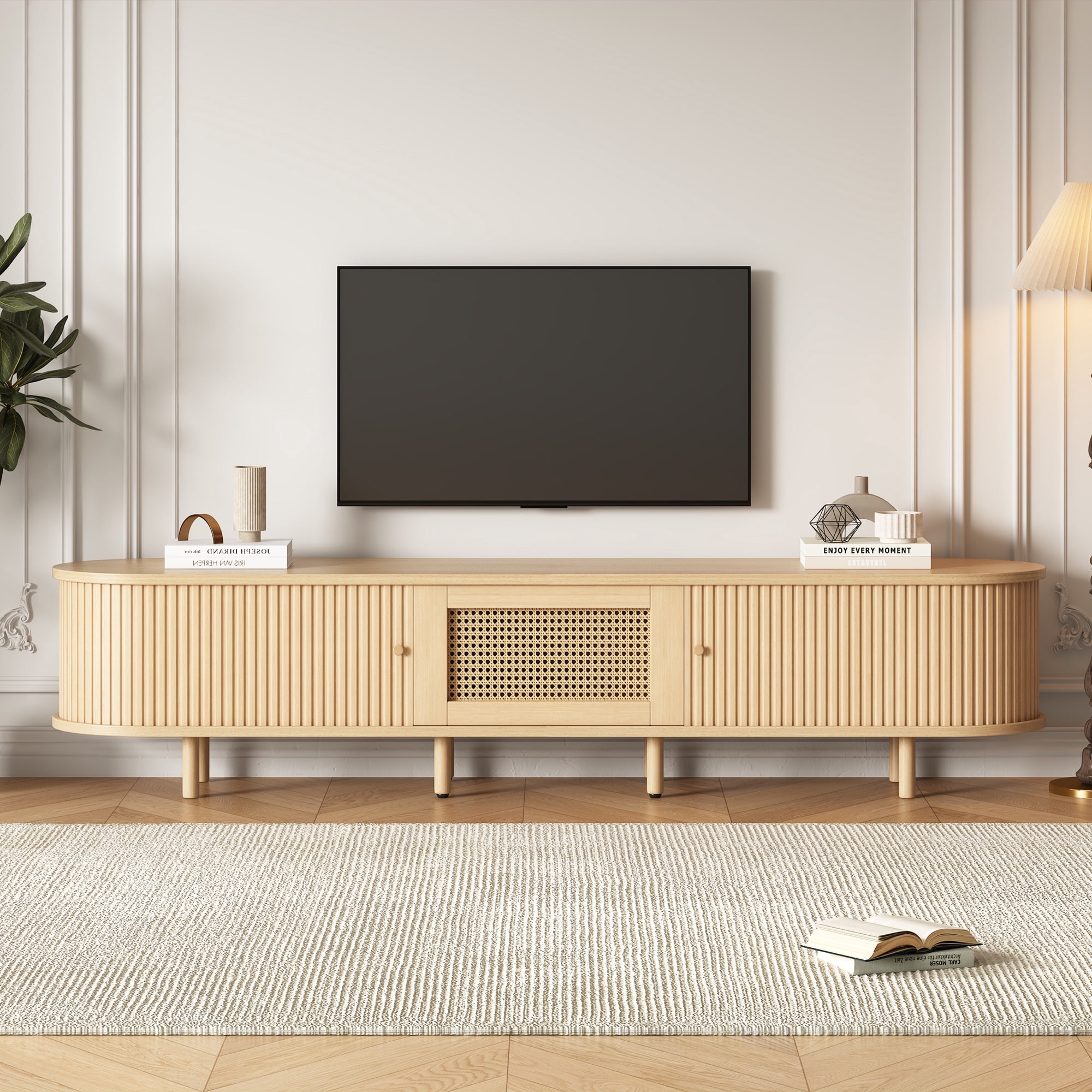 GOWE TV Stand with 1 Rattan Drawer and 2 Sliding Doors,Oval TV Cabinet Storage w This compact TV stand, measuring 70.8*15.7*15.7 inches, is perfect for small living rooms, taking up minimal space wh