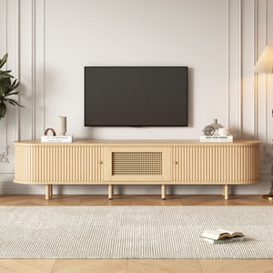 GOWE TV Stand with 1 Rattan Drawer and 2 Sliding Doors,Oval TV Cabinet Storage w This compact TV stand, measuring 70.8*15.7*15.7 inches, is perfect for small living rooms, taking up minimal space wh