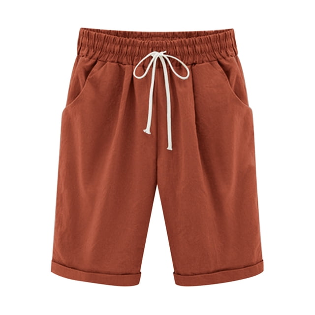 Lenpel Bermuda Shorts for Women Loose Drawstring Elastic High Waisted Summer Casual Shorts Knee Length Shorts with Pockets