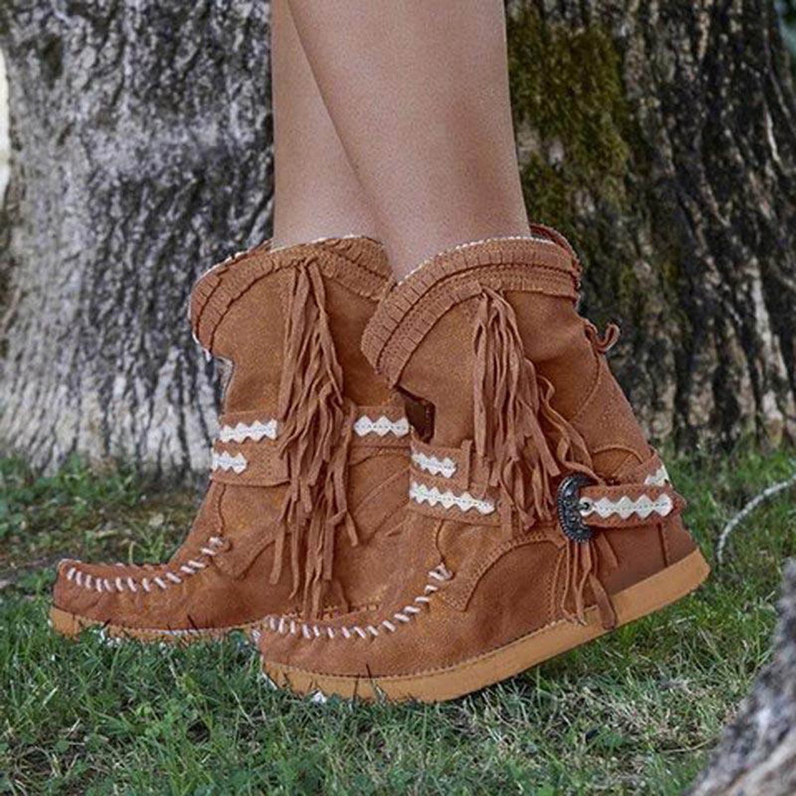 Bottes Courtes à Bout Rond, Talon Plat, Plateforme en Suède, Boucle de Ceinture Plate, Franges, Bottes pour Femmes