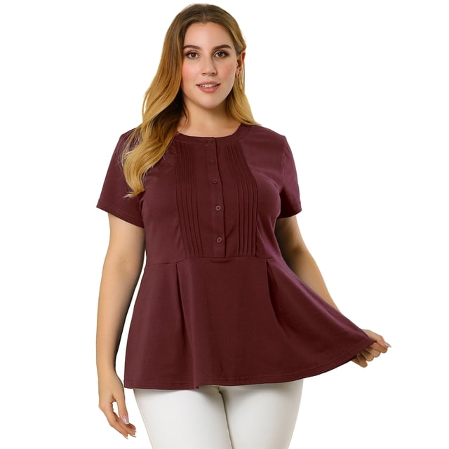 GRACE & GRANDEUR Women's Plus Size Summer Button Front Short Sleeve Work Peplum Blouse 3X Burgundy