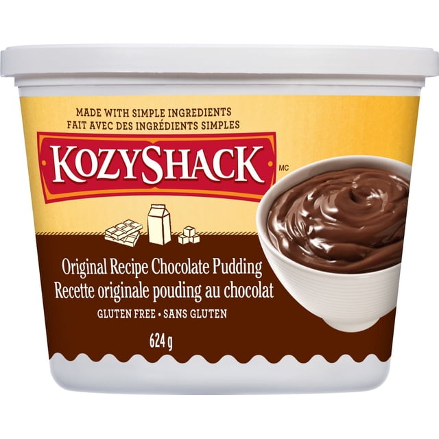 Kozy Shack Contenant de Pudding au Chocolat Mettant en Vedette une Recette Originale de Pudding au Chocolat Sans Gluten, Pesant 624 g, avec un Bol de Pudding au Chocolat Onctueux à Droite et Mettant en Valeur des Ingrédients Simples Utilisés dans la Recette.