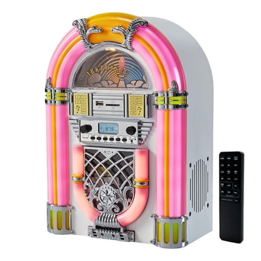 Arkrocket Athena Mini Jukebox / Tabletop CD Player / Bluetooth Speaker / Radio / USB and SD card Player with Retro LED Lighting System (Pink White)