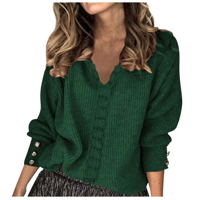 WUANDIXFA Womens Sweaters Spring 2025 Women Solid Color V Neck Lace Stitching Buttons Long Sleeves Sweater Dark Green,2XL