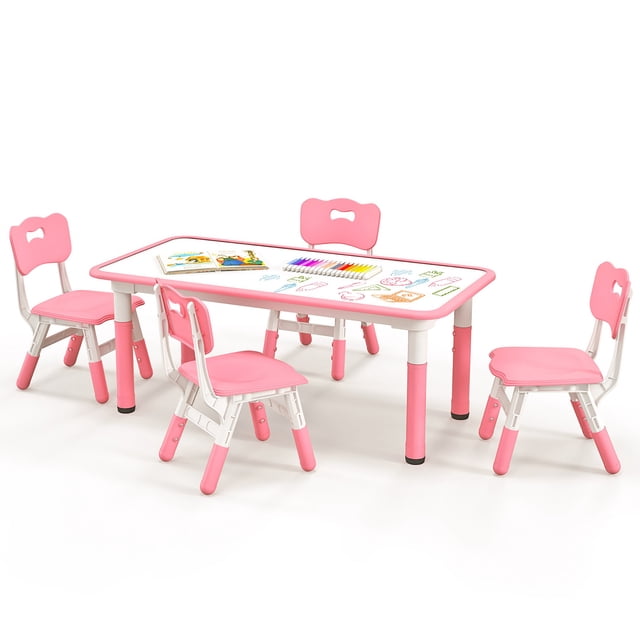 Gymax Kids Height Adjustable Table and 4 Chairs Set with Graffiti Desktop in pink. This kids' furniture set includes a rectangular table with rounded edges and four ergonomic chairs featuring pink seats and backrests. The table has a graffiti-friendly desktop with drawings and art supplies displayed, suitable for watercolor pens. Both the table and chairs are height adjustable, designed for children aged 18 months and older. Made of BPA-free PP and engineered wood, the set has a sturdy construction with anti-slip foot pads for stability. Perfect for activities like drawing, reading, playing, and eating.