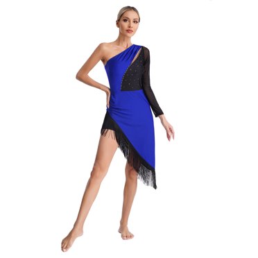 Yeahdor Women Latin Dance Dress One Shoulder Fringe Samba Cha-cha Tango Ballroom Dance Costume RoyalBlue XL