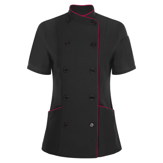 Oyolan Manteau de Chef à Manches Courtes pour Femme à Col Croisé, Veste de Chef à Double Boutonnage, Uniforme de Travail de Cuisine et de Restaurant, Noir m
