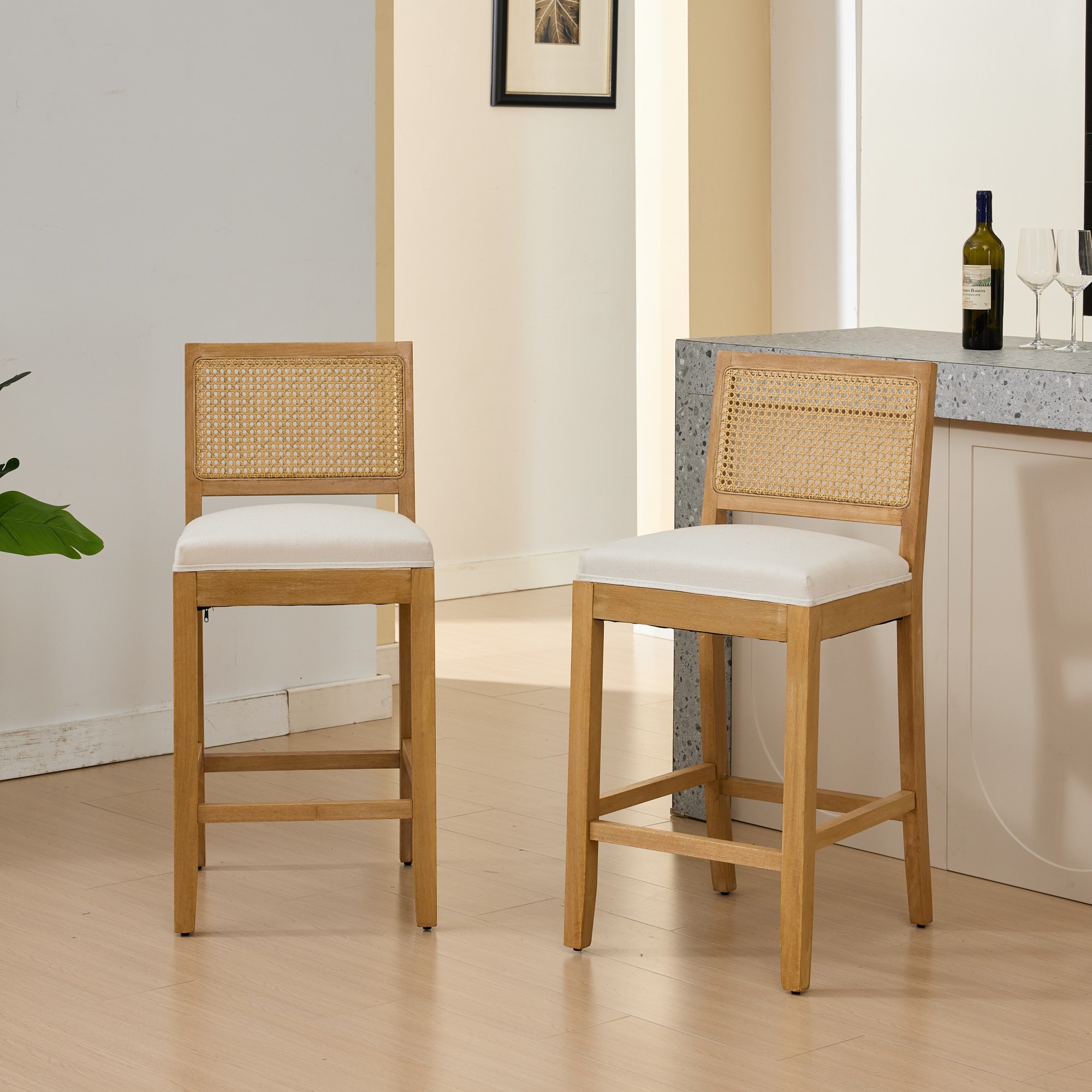 Noble House Full Solid Wood Rattan-Back Bar Stool Set of 2,Matte Linen Cushion with High-Resilience Foam & S-Springs,Beige