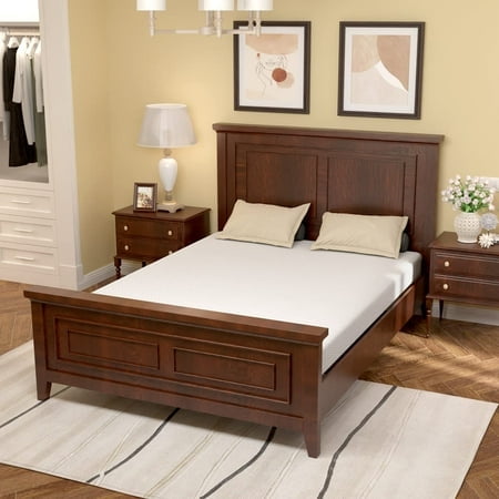 FDW Queen 6 Inch Medium-Firm Gel Memory Foam Mattress, CertiPUR-US Certified, in a Box, Green Tea Cooling, placed on a wooden bed frame in a cozy bedroom. The mattress features green tea-infused gel memory foam for cooling, pressure relief, and moisture absorption. The room includes matching wooden nightstands, framed wall art, and a soft area rug.